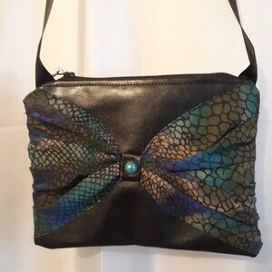 NEW Little Black vinyl Bow Bag Jewel tone snakeskin print chiffon accent Evening